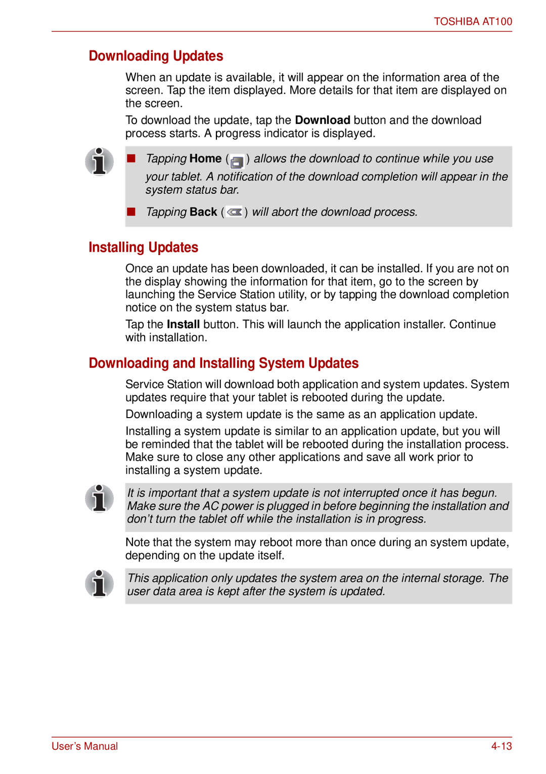 Toshiba AT100 user manual Downloading Updates, Installing Updates, Downloading and Installing System Updates 