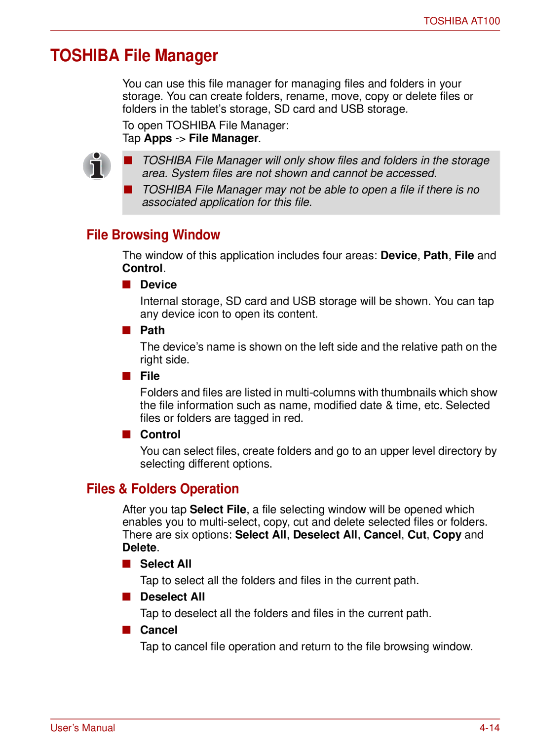 Toshiba AT100 user manual Toshiba File Manager, File Browsing Window, Files & Folders Operation 