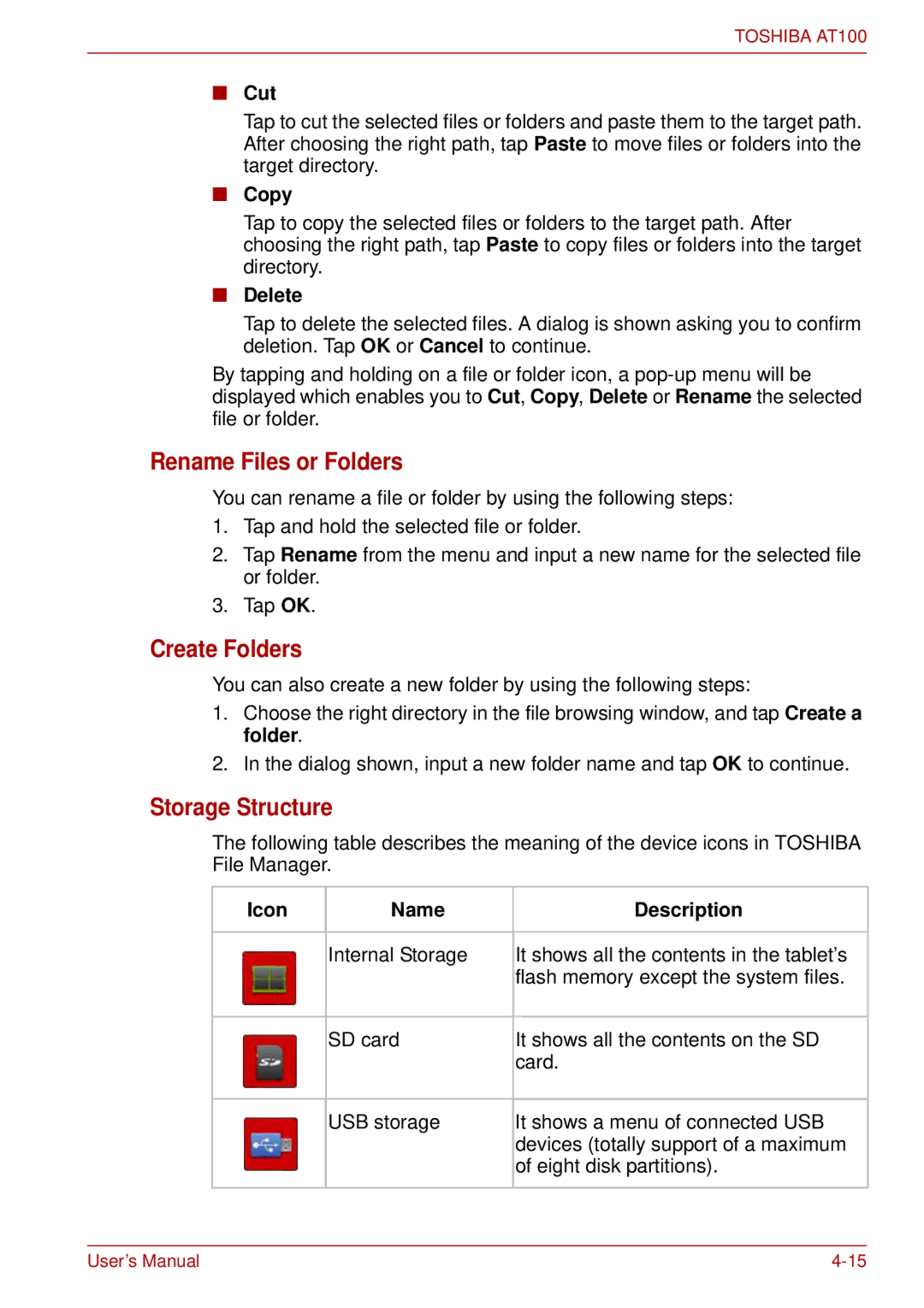 Toshiba AT100 user manual Rename Files or Folders, Create Folders, Storage Structure 