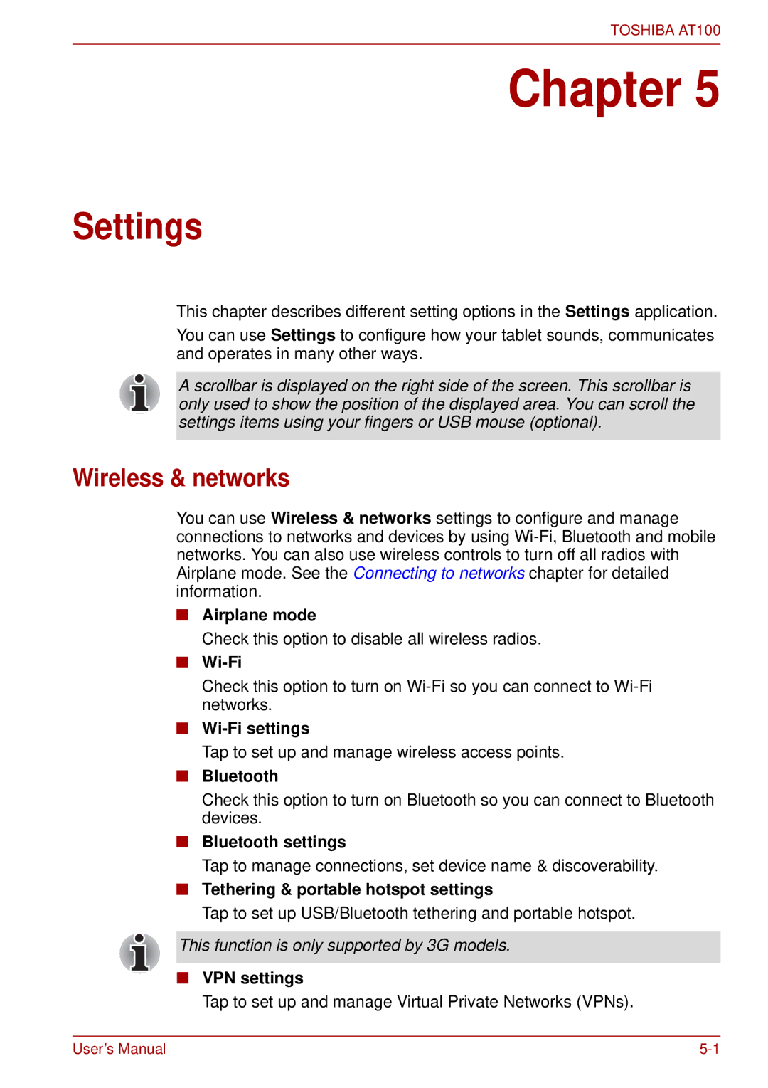 Toshiba AT100 user manual Settings, Wireless & networks 