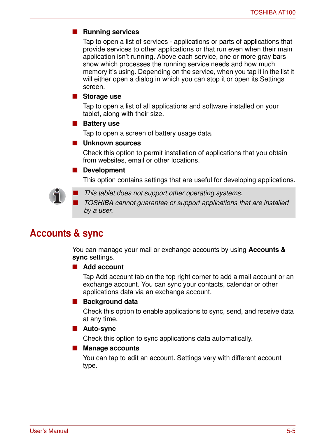 Toshiba AT100 user manual Accounts & sync 