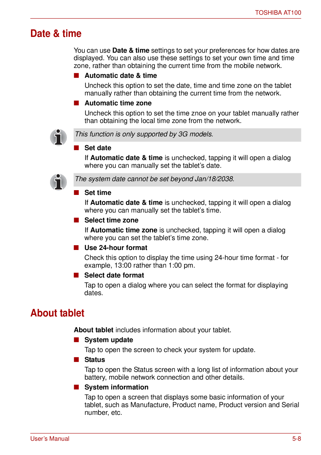 Toshiba AT100 user manual Date & time, About tablet 