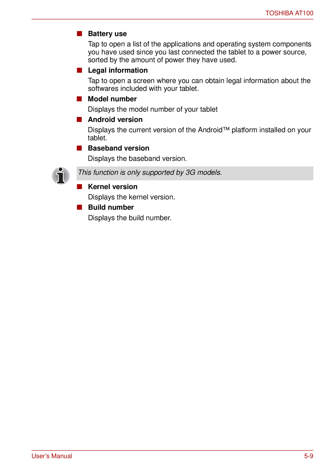 Toshiba AT100 user manual Legal information, Model number, Android version, Baseband version, Kernel version, Build number 