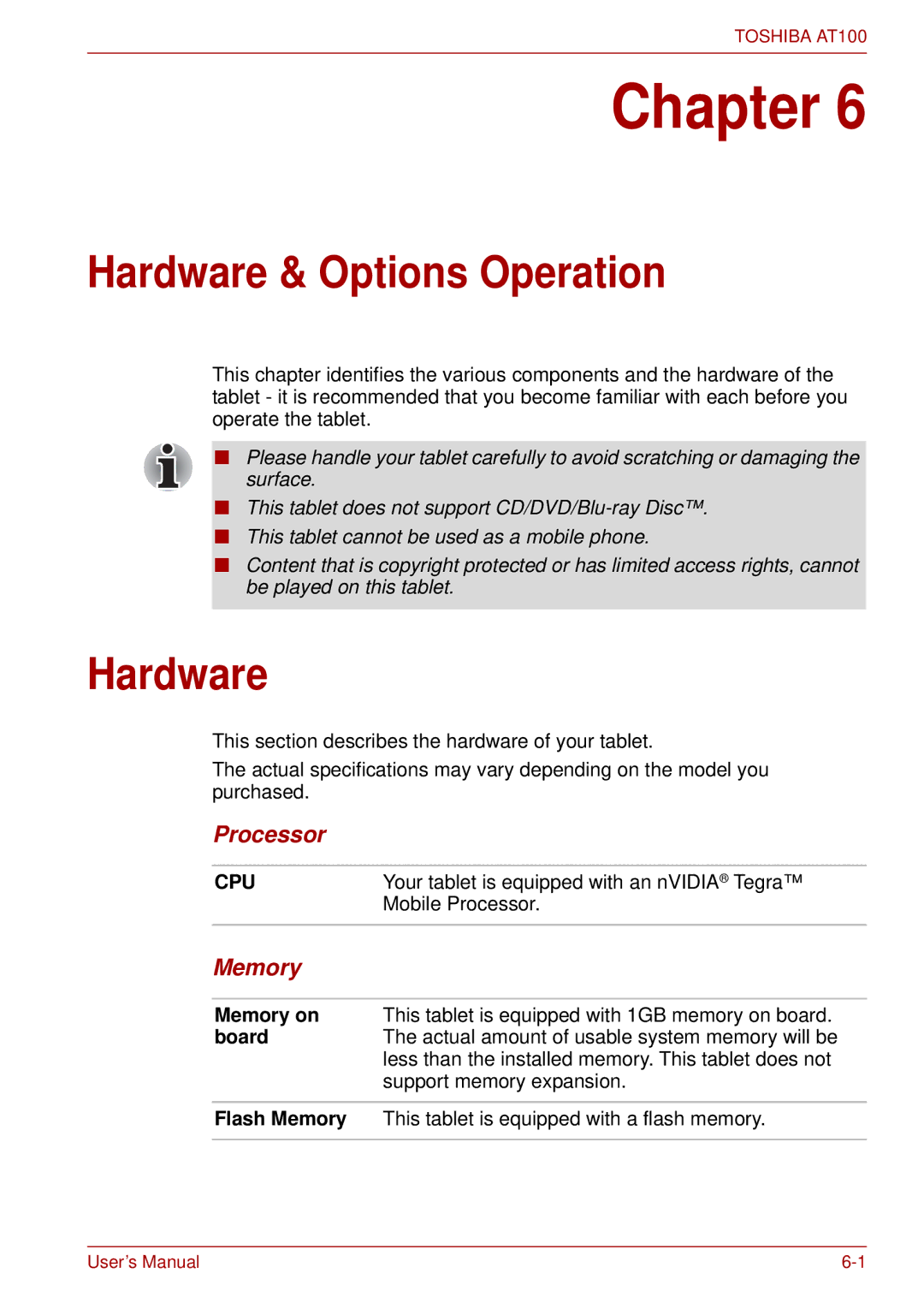 Toshiba AT100 user manual Hardware & Options Operation, Processor, Memory 