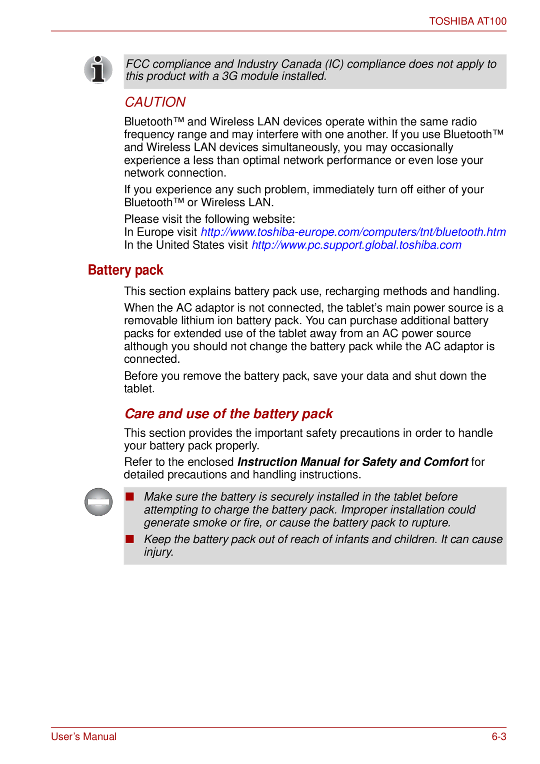 Toshiba AT100 user manual Battery pack, Care and use of the battery pack 