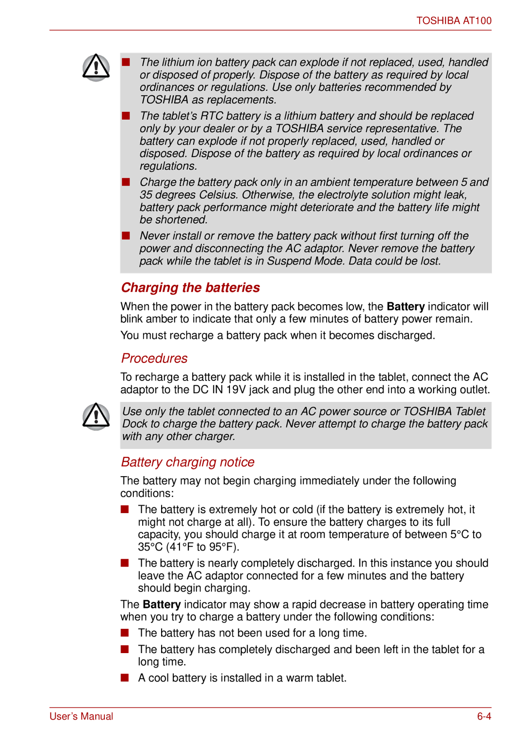 Toshiba AT100 user manual Charging the batteries, Procedures 