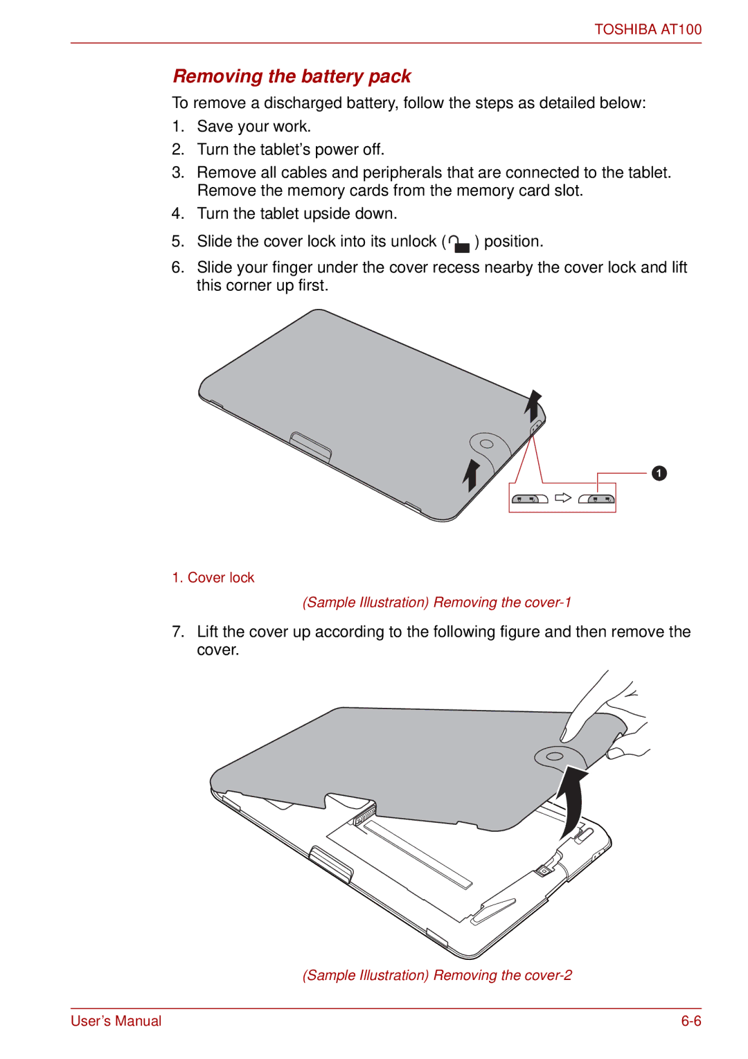 Toshiba AT100 user manual Removing the battery pack 