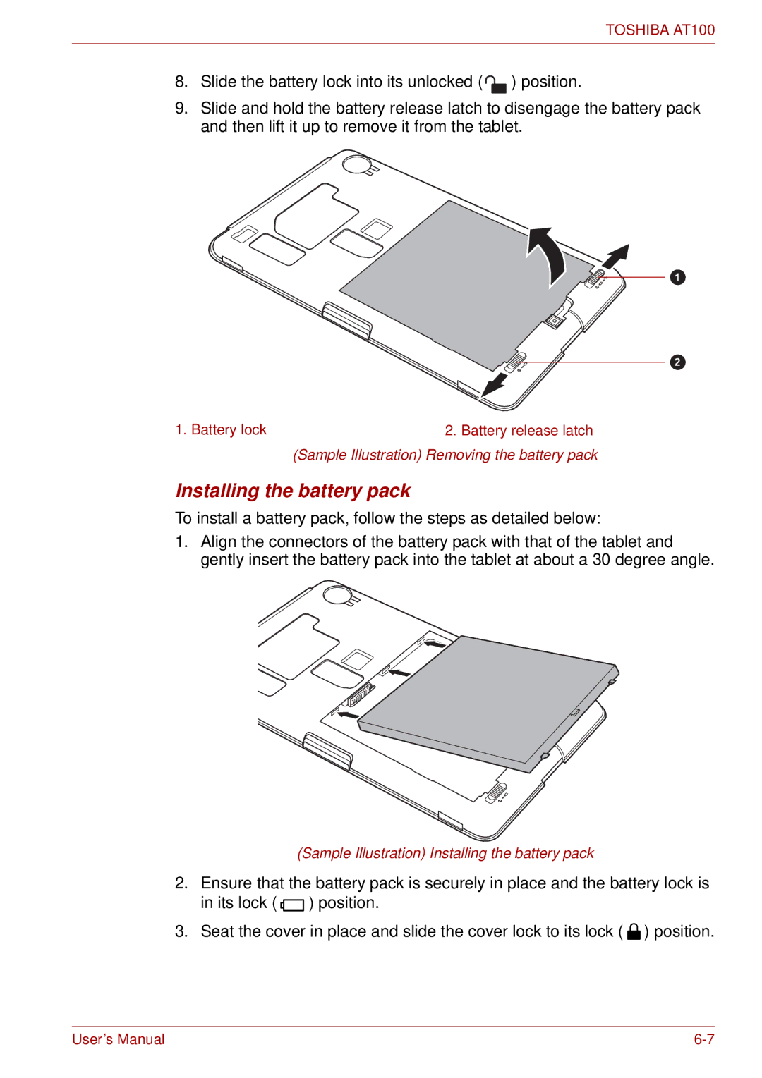 Toshiba AT100 user manual Installing the battery pack 