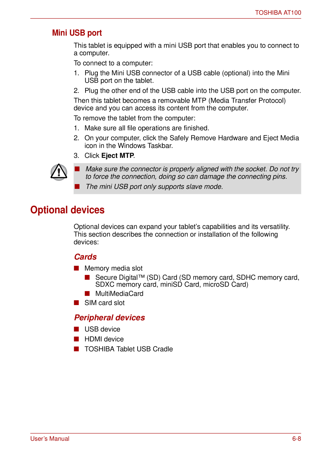 Toshiba AT100 user manual Optional devices, Mini USB port, Cards, Peripheral devices, Click Eject MTP 