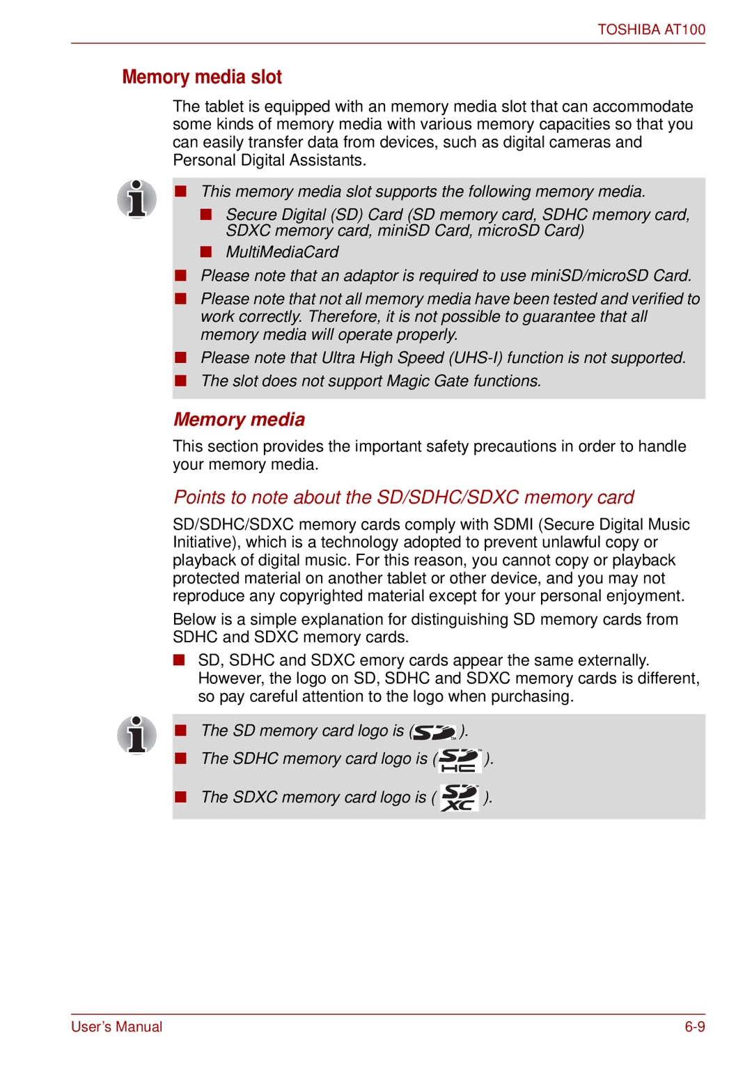 Toshiba AT100 user manual Memory media slot 