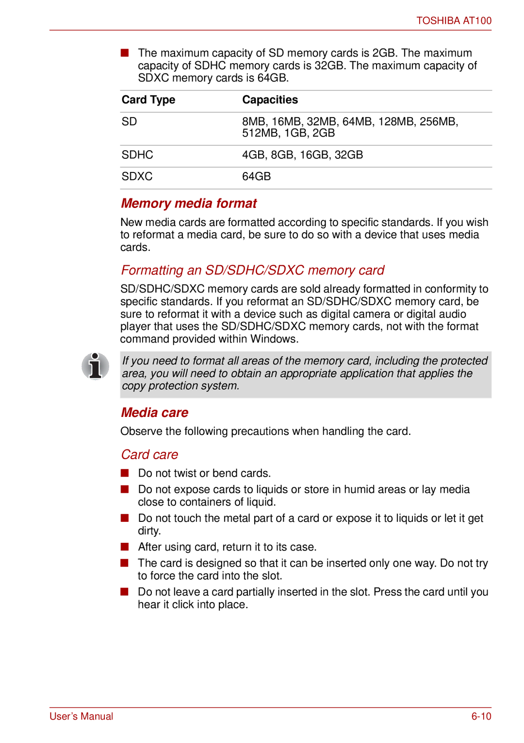 Toshiba AT100 user manual Memory media format, Media care, Card Type Capacities 