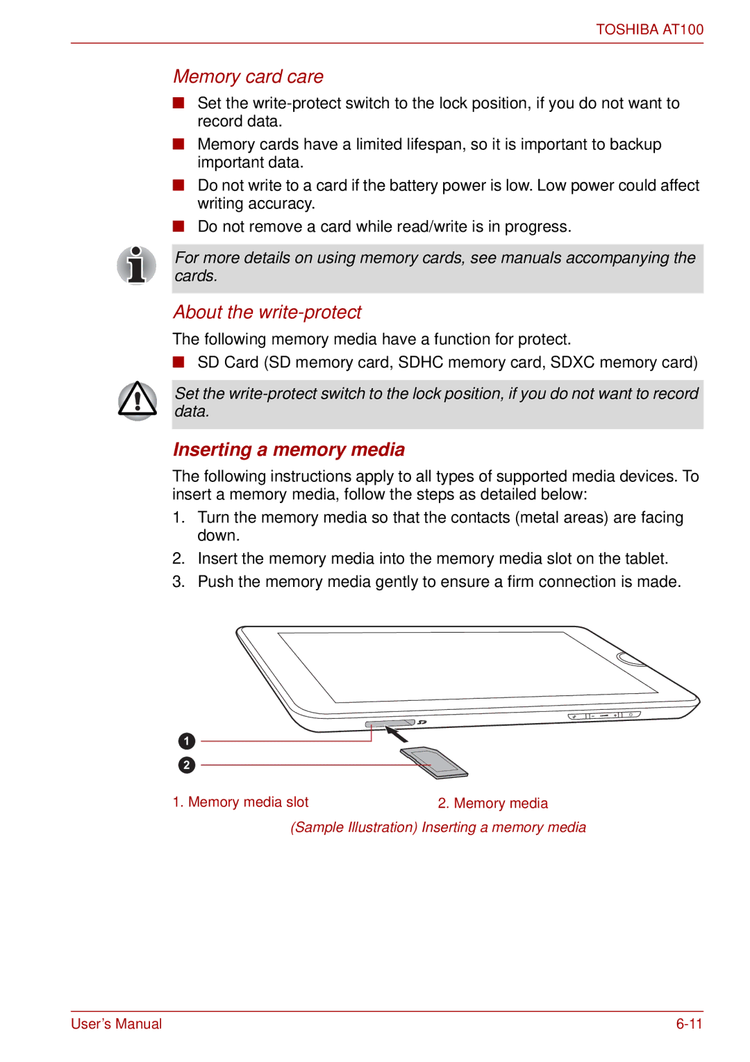 Toshiba AT100 user manual Memory card care, Inserting a memory media 