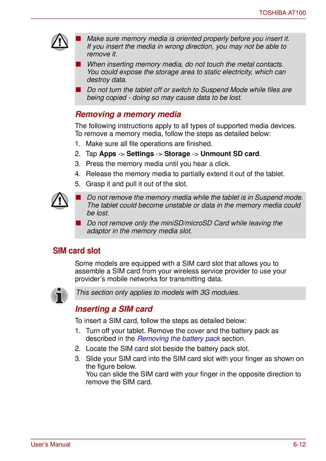 Toshiba AT100 SIM card slot, Removing a memory media, Inserting a SIM card, Tap Apps -Settings -Storage -Unmount SD card 