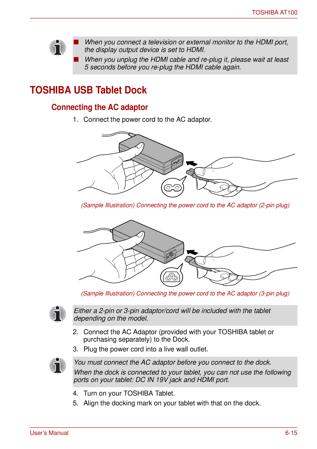 Toshiba AT100 user manual Toshiba USB Tablet Dock, Connect the power cord to the AC adaptor 