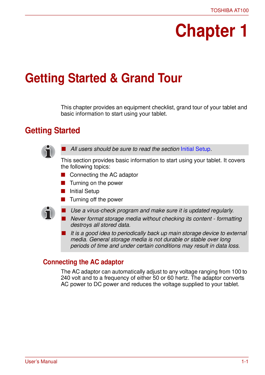 Toshiba AT100 user manual Getting Started & Grand Tour, Connecting the AC adaptor 