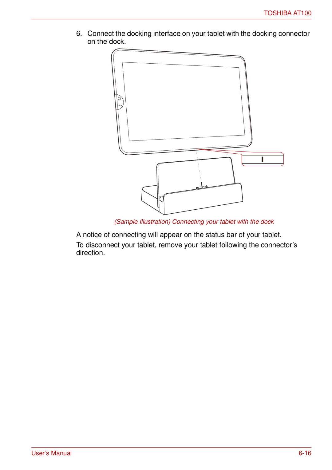 Toshiba AT100 user manual Sample Illustration Connecting your tablet with the dock 