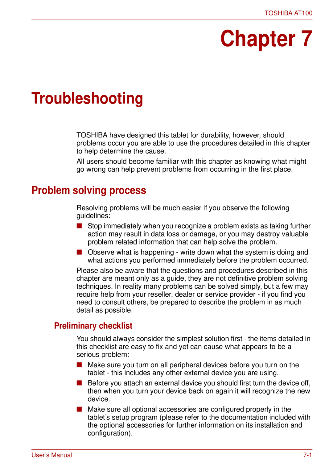 Toshiba AT100 user manual Troubleshooting, Problem solving process, Preliminary checklist 