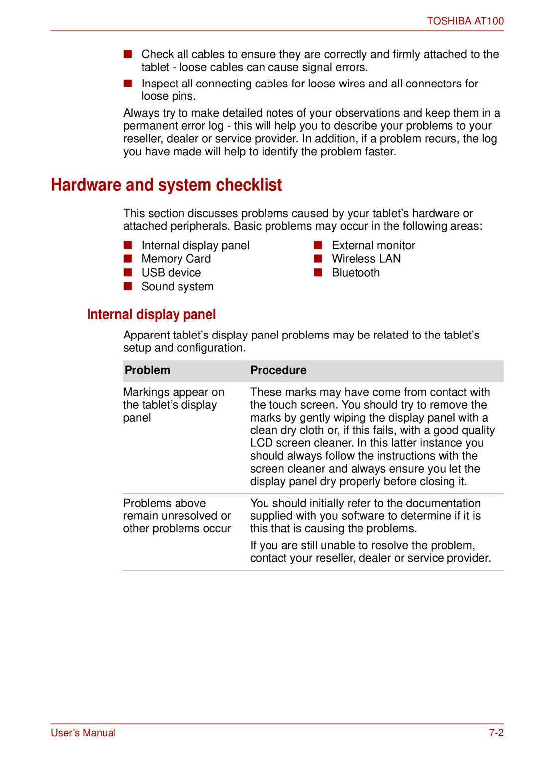 Toshiba AT100 user manual Hardware and system checklist, Internal display panel, Problem Procedure 