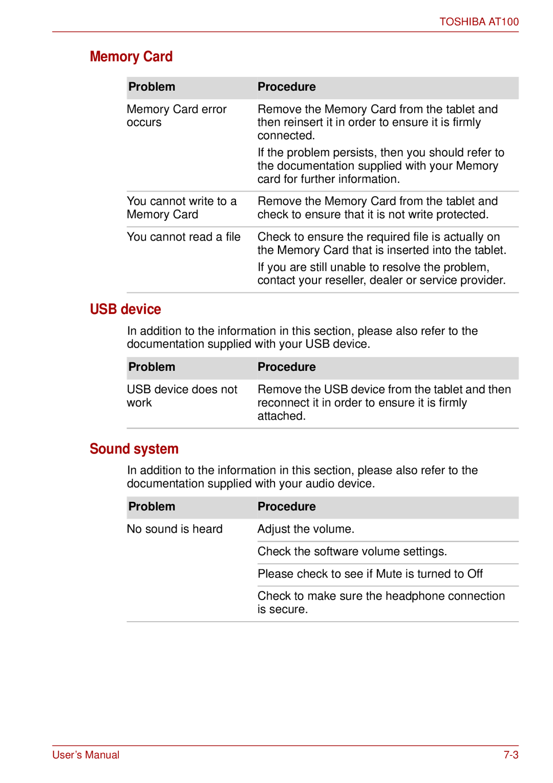 Toshiba AT100 user manual Memory Card, Sound system 