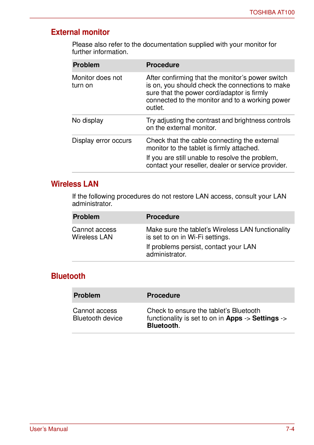 Toshiba AT100 user manual External monitor, Wireless LAN, Bluetooth 