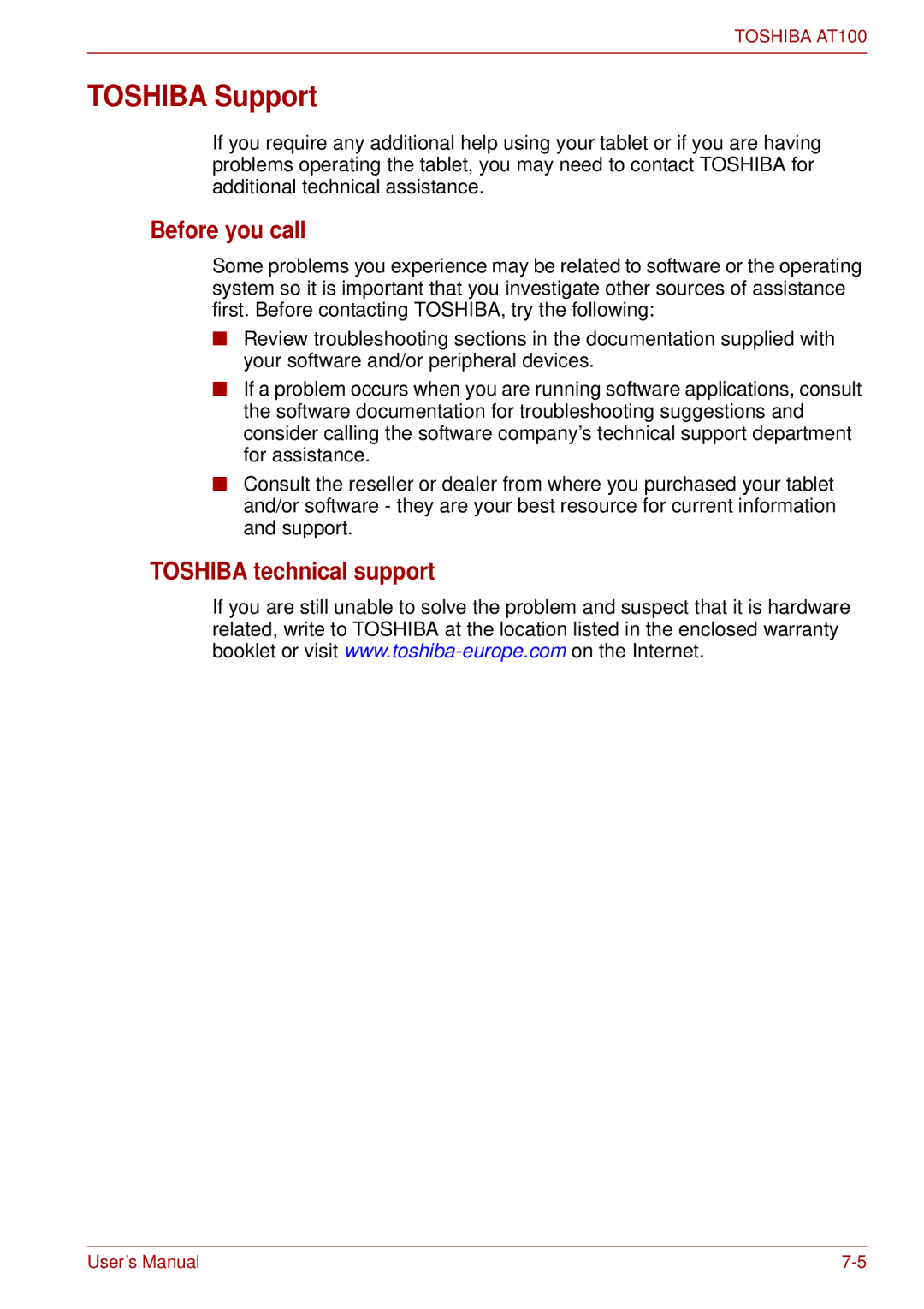 Toshiba AT100 user manual Toshiba Support, Before you call, Toshiba technical support 