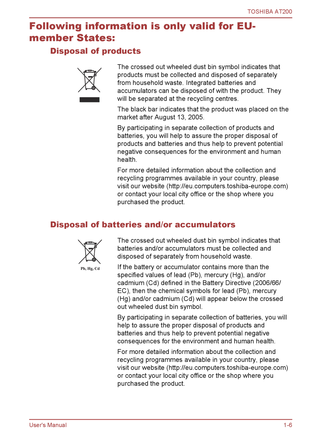 Toshiba AT200 user manual Following information is only valid for EU- member States, Disposal of products 