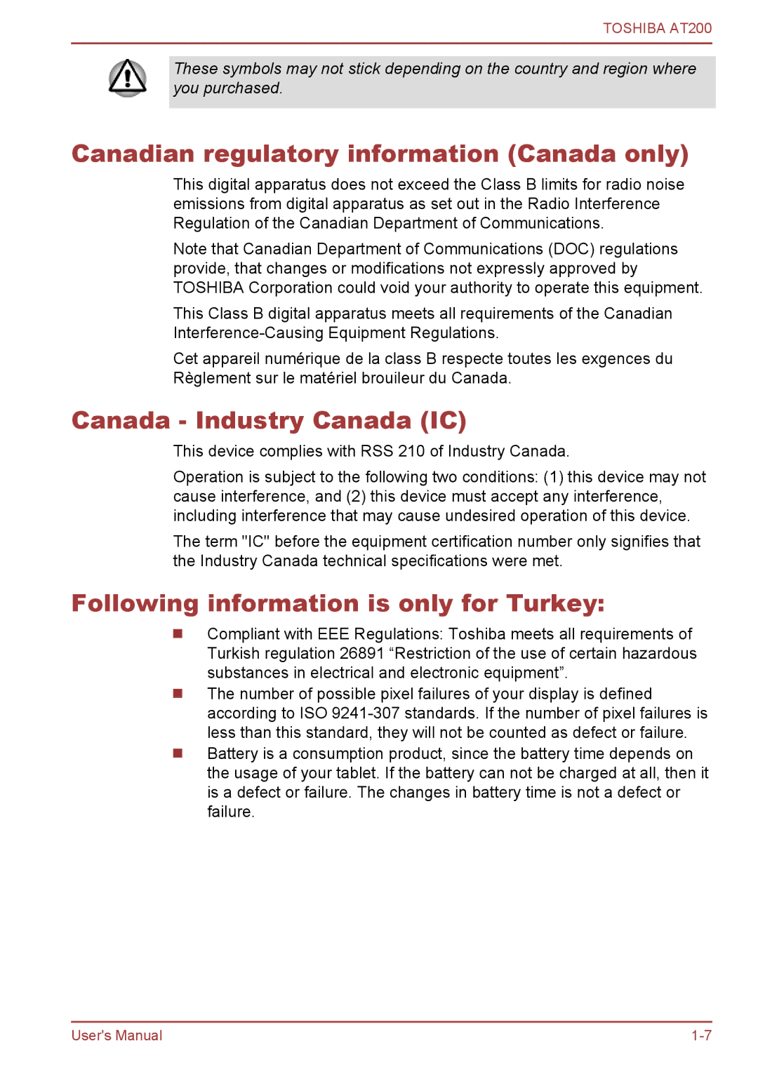 Toshiba AT200 user manual Canadian regulatory information Canada only, Canada Industry Canada IC 