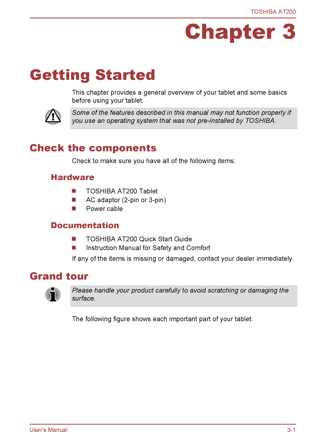 Toshiba AT200 user manual Getting Started, Check the components, Grand tour, Hardware, Documentation 