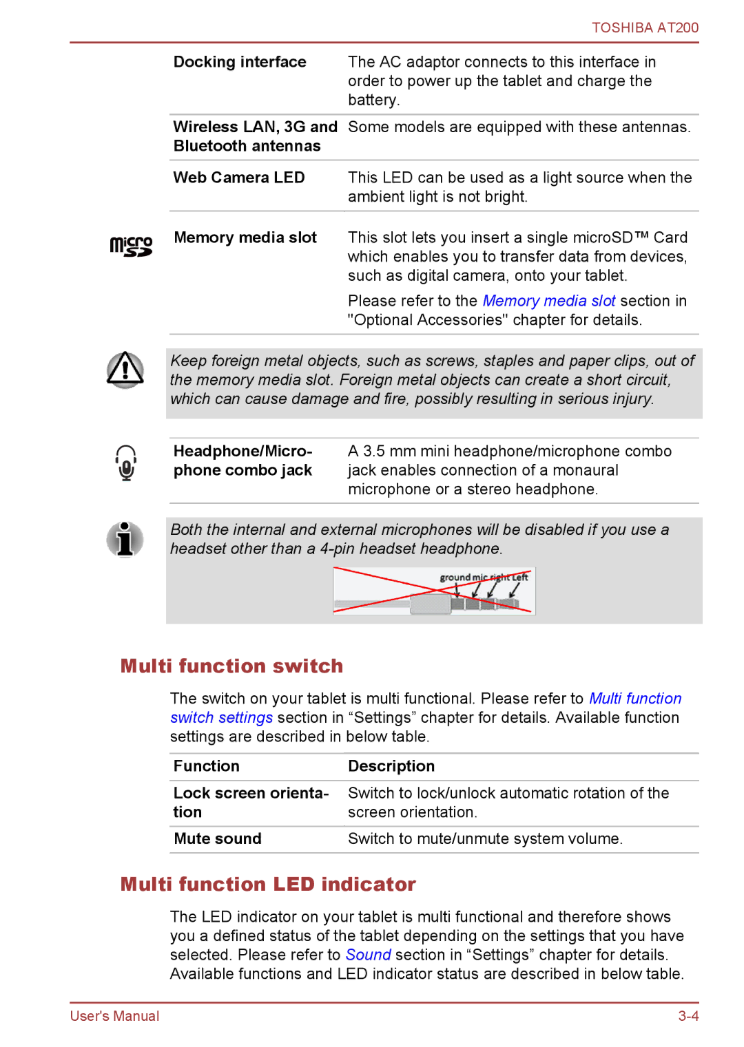 Toshiba AT200 user manual Multi function switch, Multi function LED indicator, Bluetooth antennas, FunctionDescription 