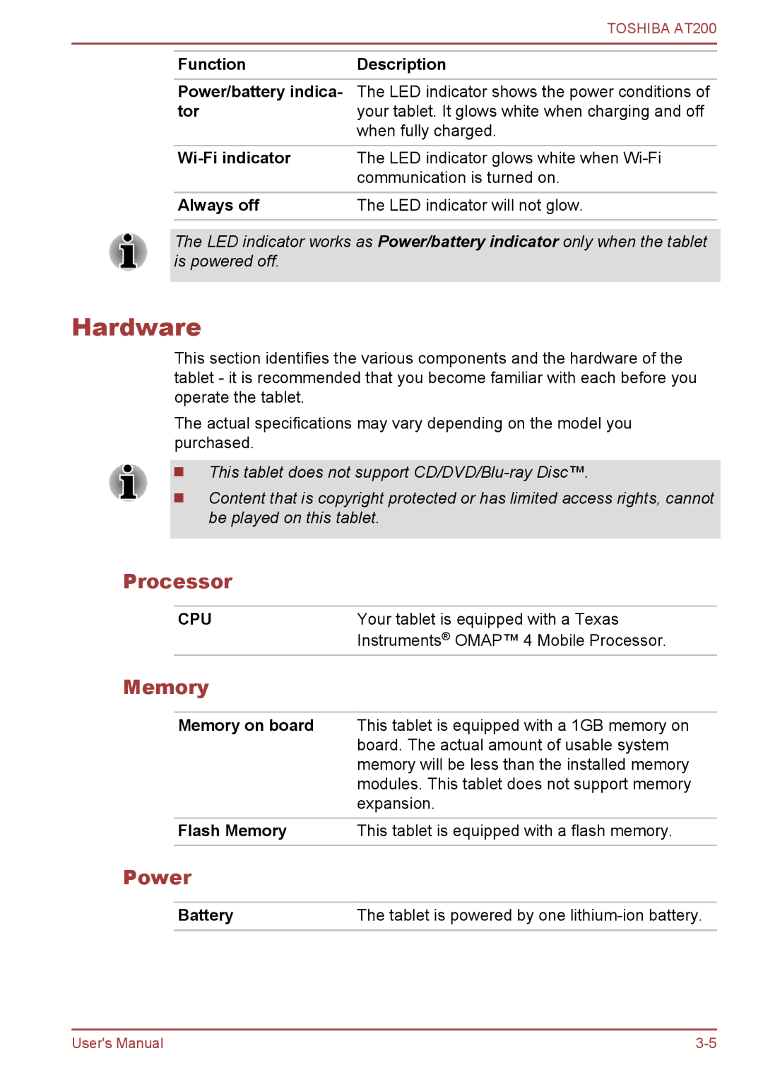 Toshiba AT200 user manual Hardware, Processor, Memory, Power 