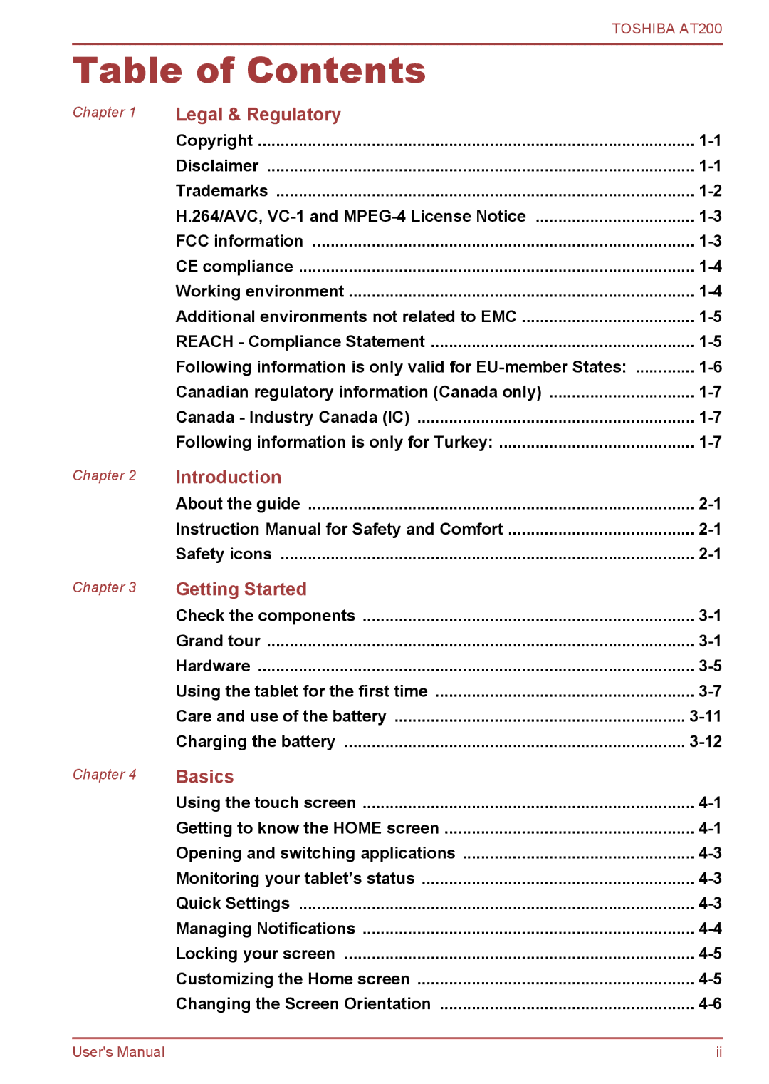 Toshiba AT200 user manual Table of Contents 