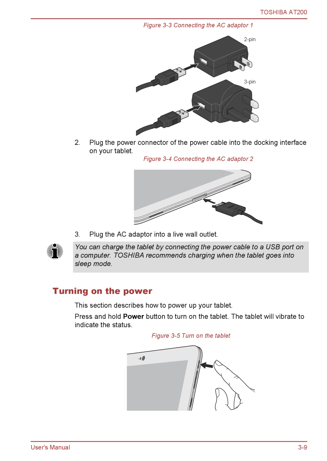 Toshiba AT200 user manual Turning on the power, Connecting the AC adaptor 