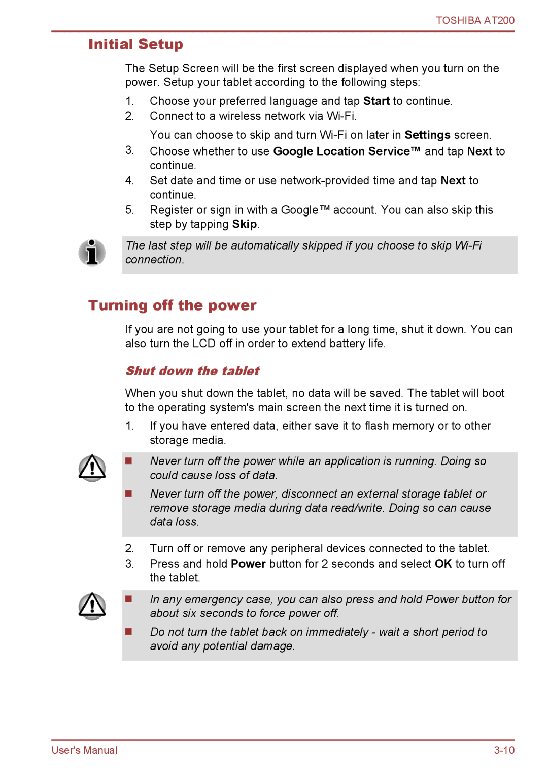 Toshiba AT200 user manual Initial Setup, Turning off the power, Shut down the tablet 