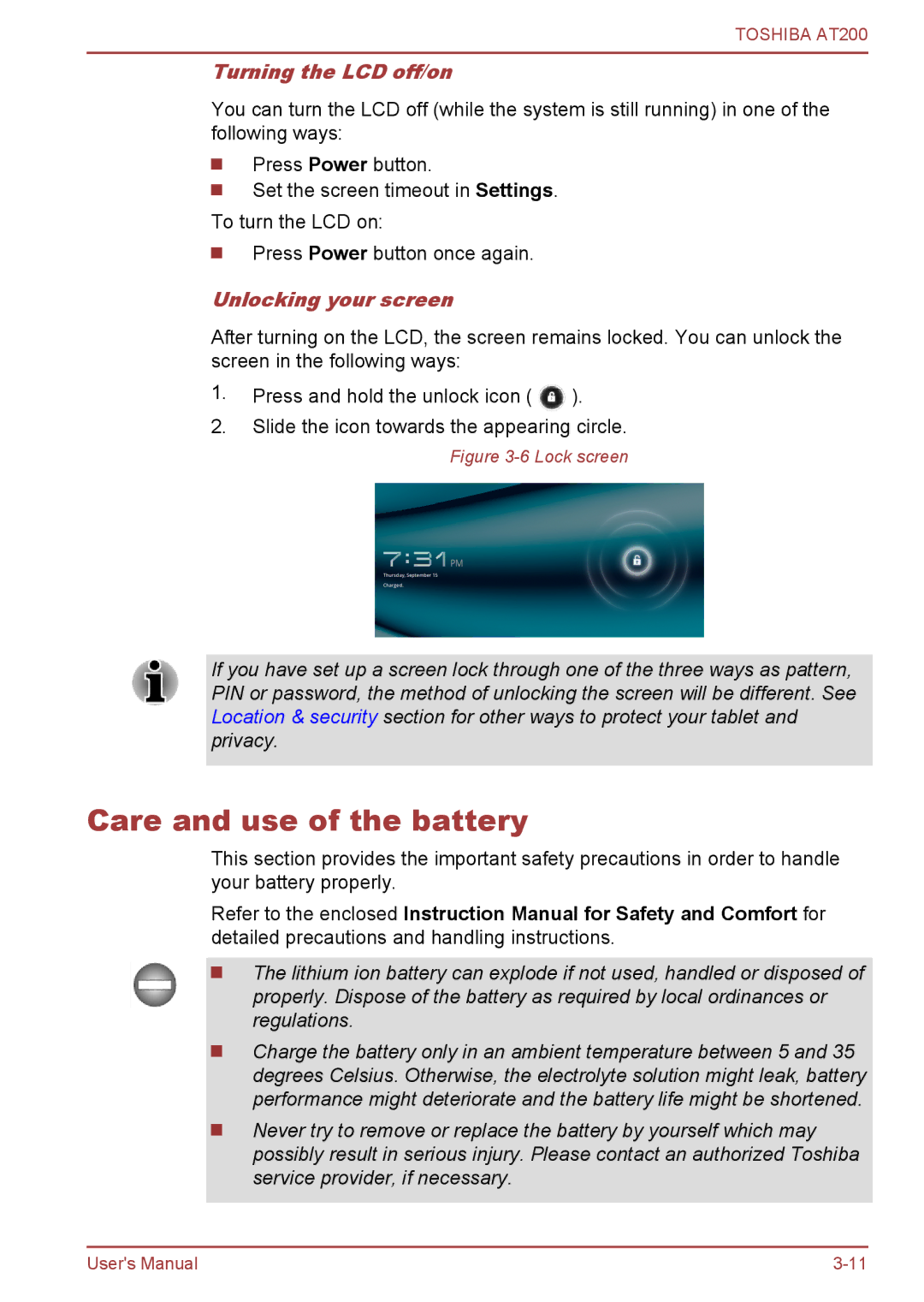 Toshiba AT200 user manual Care and use of the battery, Turning the LCD off/on, Unlocking your screen 