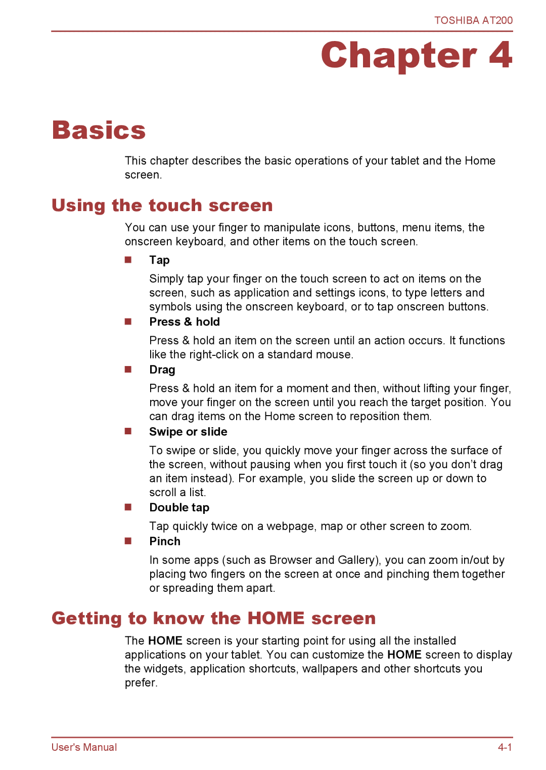 Toshiba AT200 user manual Basics, Using the touch screen, Getting to know the Home screen 