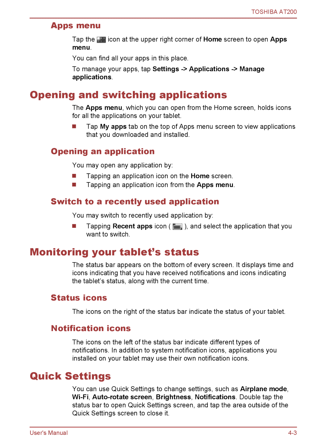 Toshiba AT200 user manual Opening and switching applications, Monitoring your tablet’s status, Quick Settings 