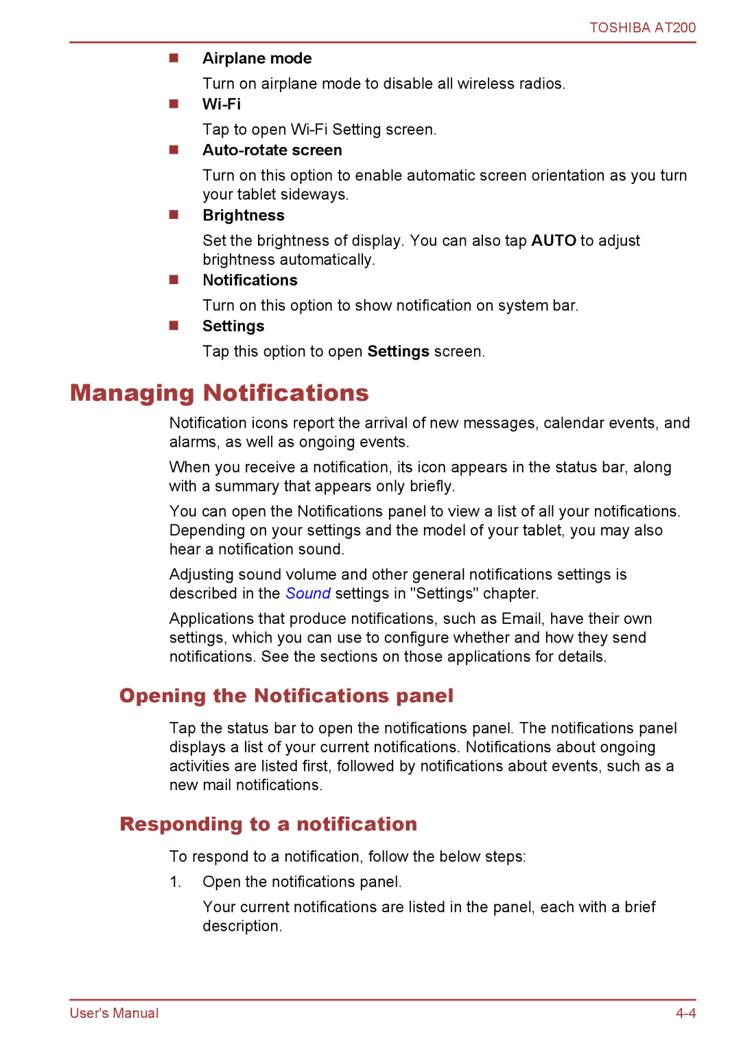 Toshiba AT200 user manual Managing Notifications, Opening the Notifications panel, Responding to a notification 