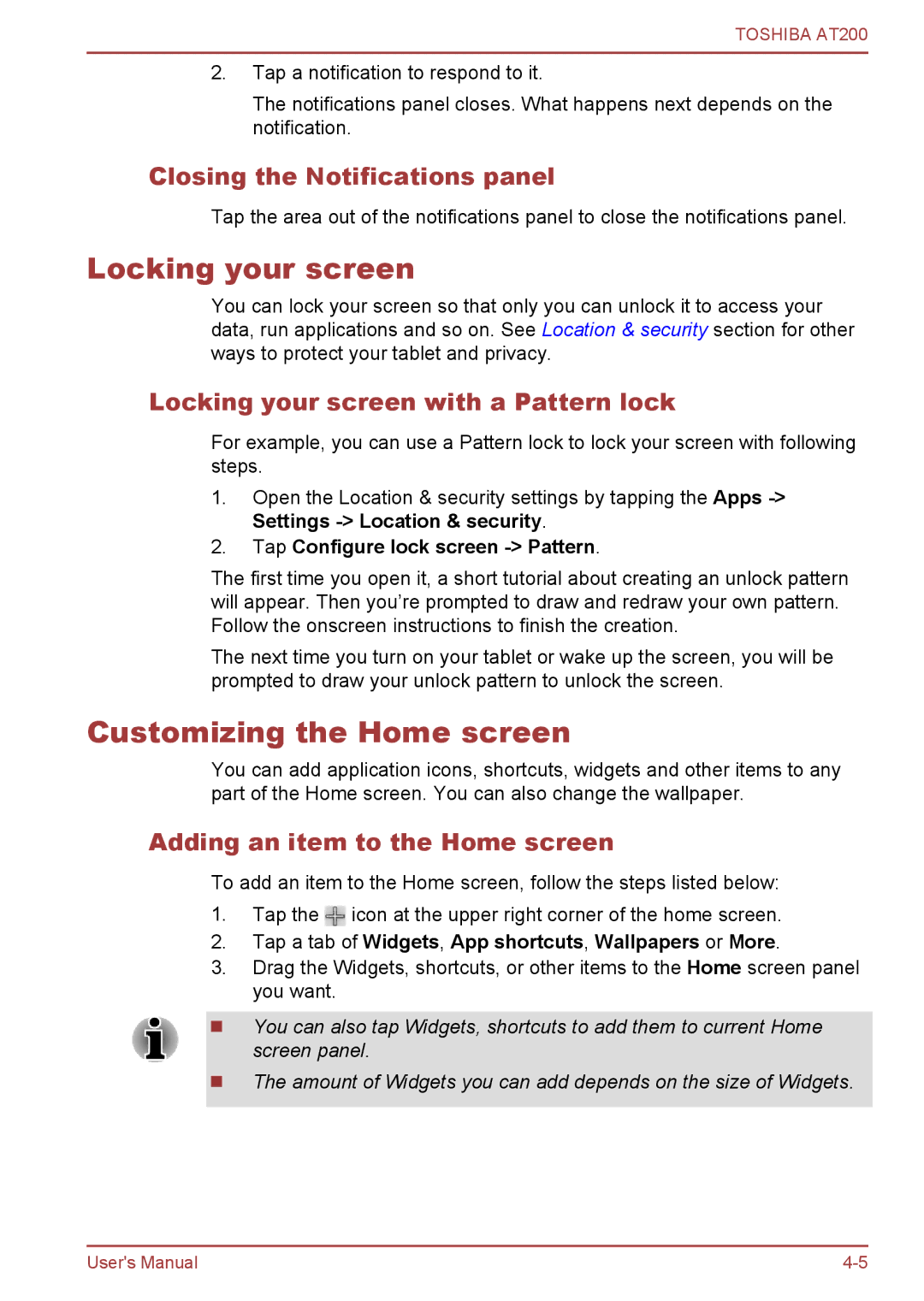 Toshiba AT200 user manual Locking your screen, Customizing the Home screen, Closing the Notifications panel 