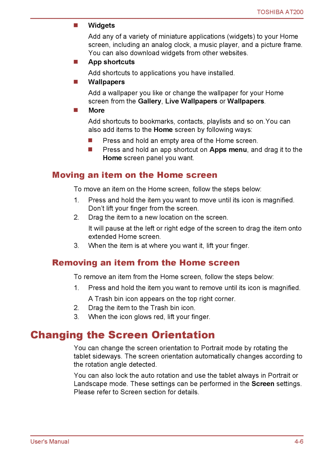 Toshiba AT200 Changing the Screen Orientation, Moving an item on the Home screen, Removing an item from the Home screen 