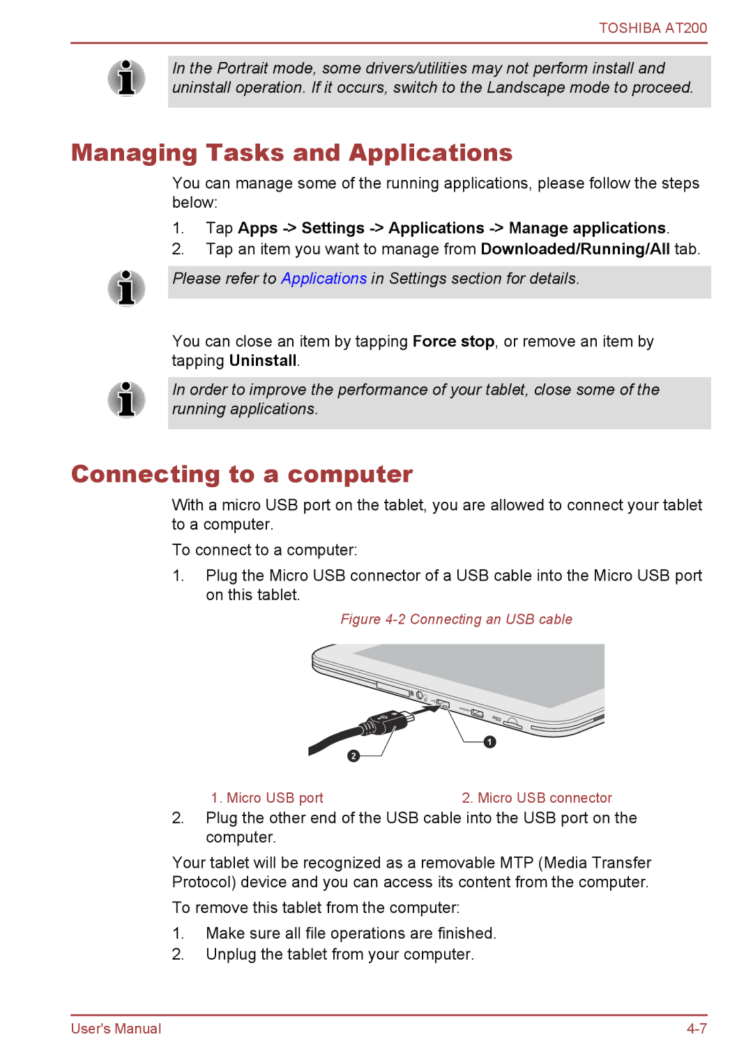 Toshiba AT200 user manual Managing Tasks and Applications, Connecting to a computer 