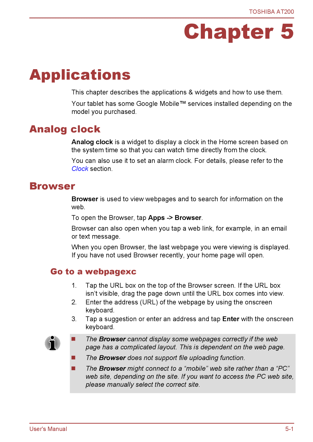 Toshiba AT200 user manual Applications, Analog clock, Browser, Go to a webpagexc 