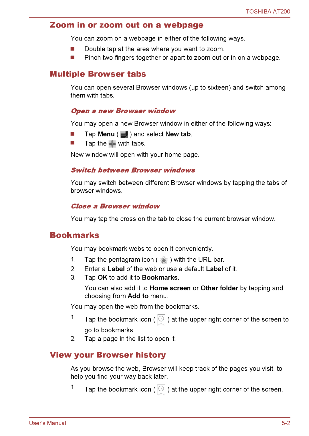 Toshiba AT200 user manual Zoom in or zoom out on a webpage, Multiple Browser tabs, Bookmarks, View your Browser history 