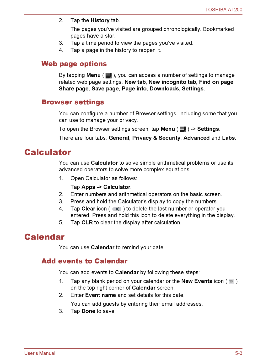 Toshiba AT200 user manual Calculator, Web page options, Browser settings, Add events to Calendar 