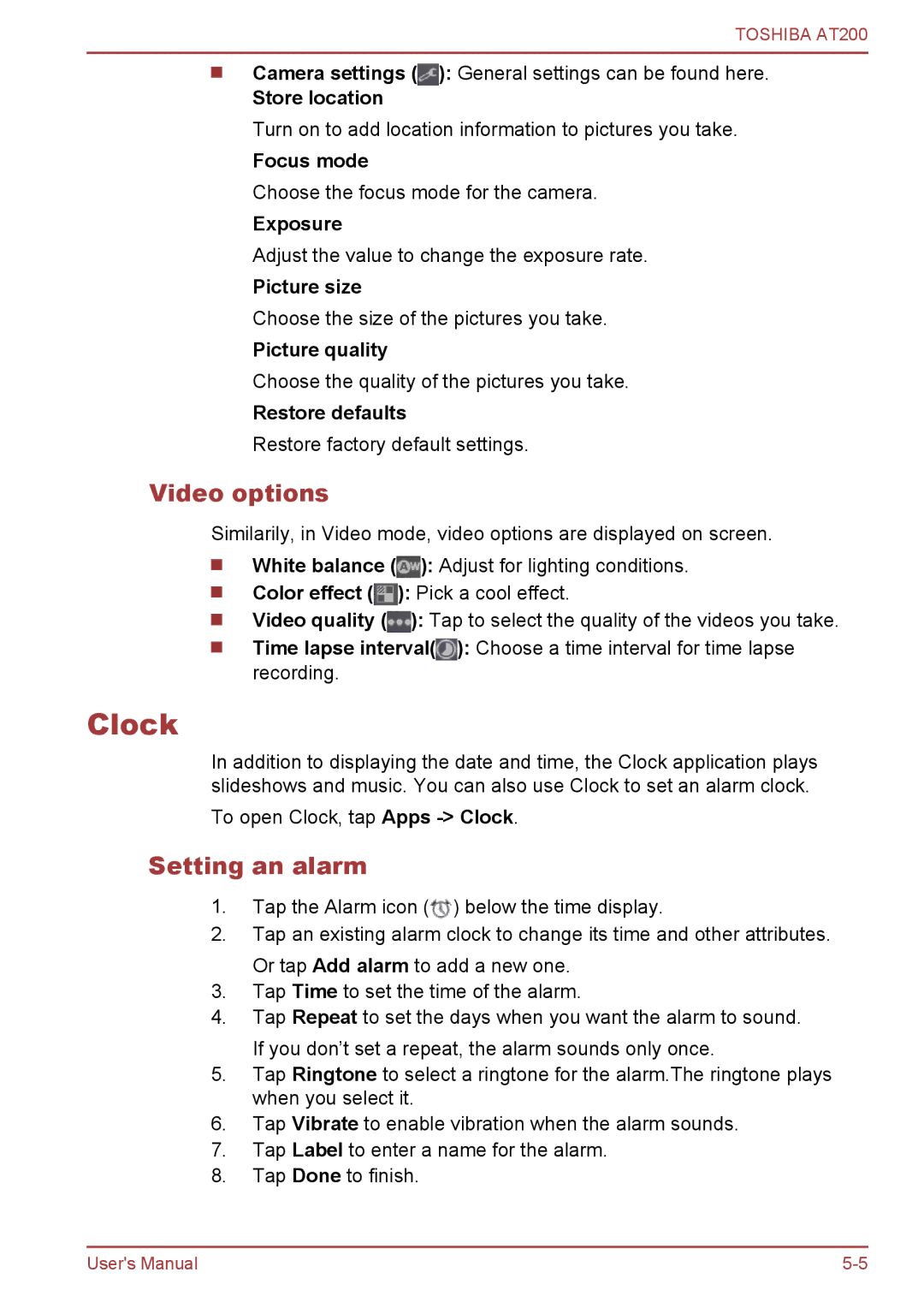 Toshiba AT200 user manual Clock, Video options, Setting an alarm 