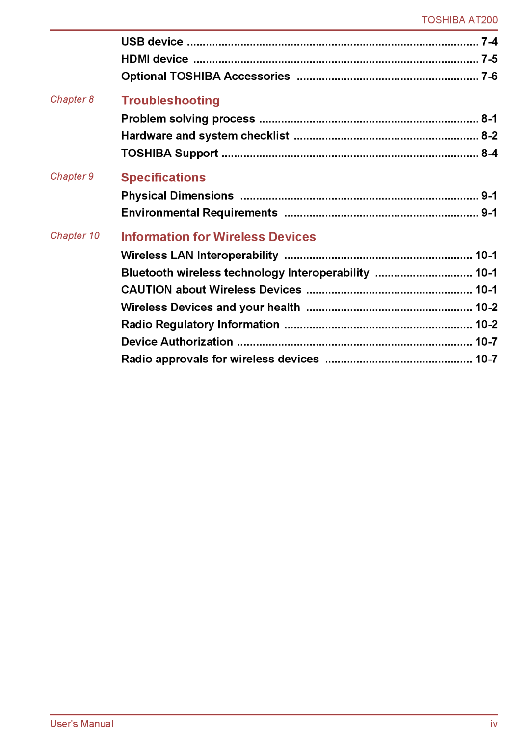 Toshiba AT200 user manual 10-1, 10-2, 10-7 