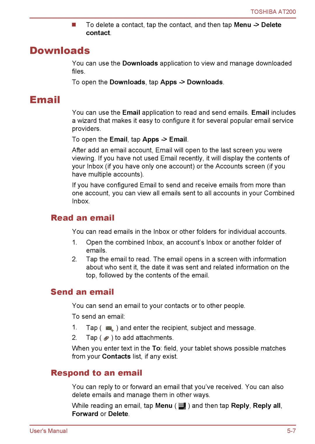 Toshiba AT200 user manual Read an email, Send an email, Respond to an email, To open the Downloads, tap Apps Downloads 