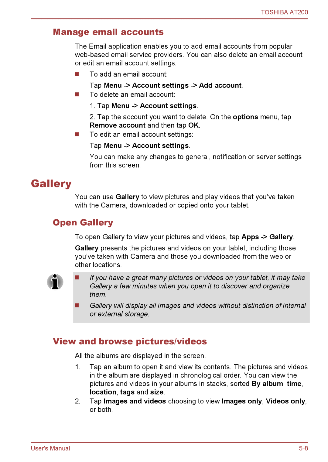 Toshiba AT200 user manual Manage email accounts, Open Gallery, View and browse pictures/videos 