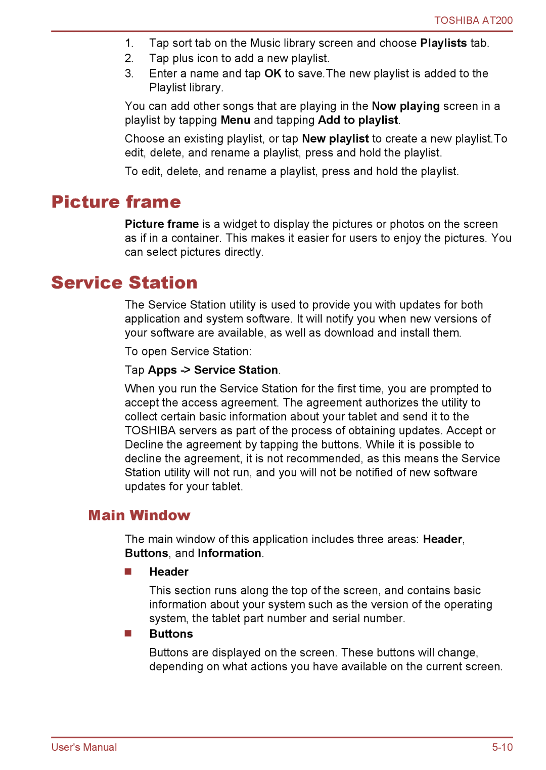 Toshiba AT200 user manual Picture frame, Service Station, Main Window 