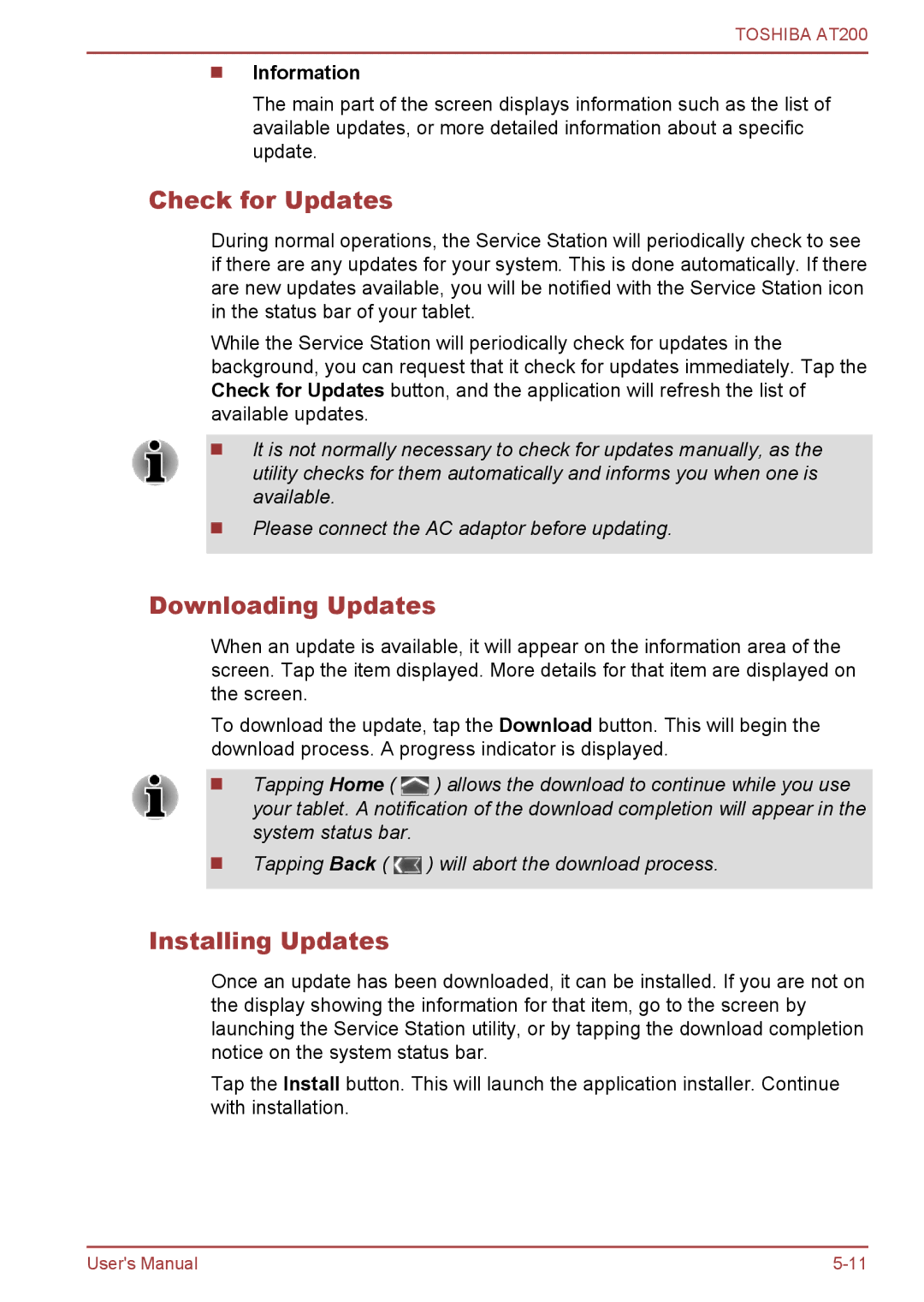 Toshiba AT200 user manual Check for Updates, Downloading Updates, Installing Updates, Information 