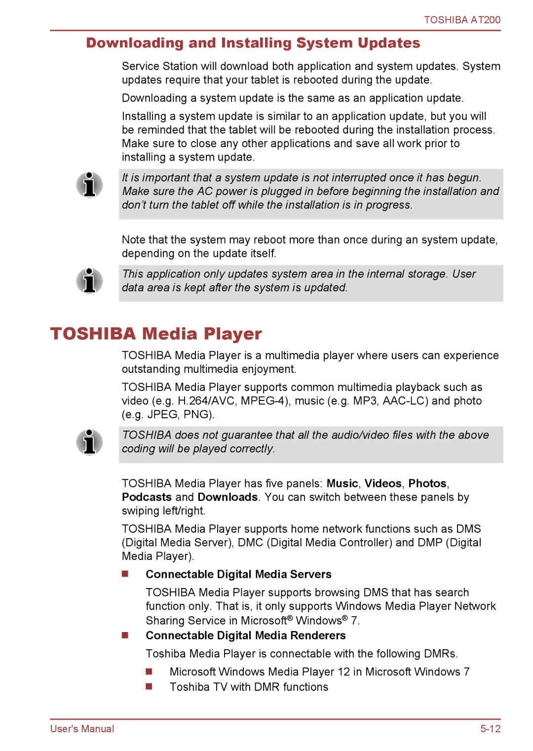 Toshiba AT200 Toshiba Media Player, Downloading and Installing System Updates, Connectable Digital Media Servers 